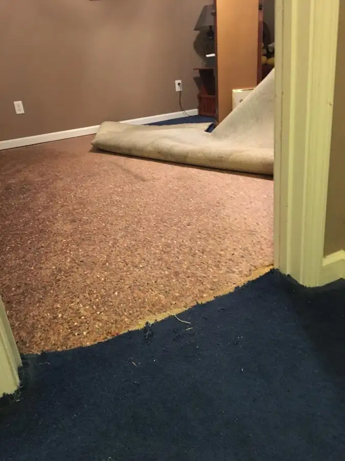 Carpet pad removal revealing water damage during Water Mitigation Services in Onondaga